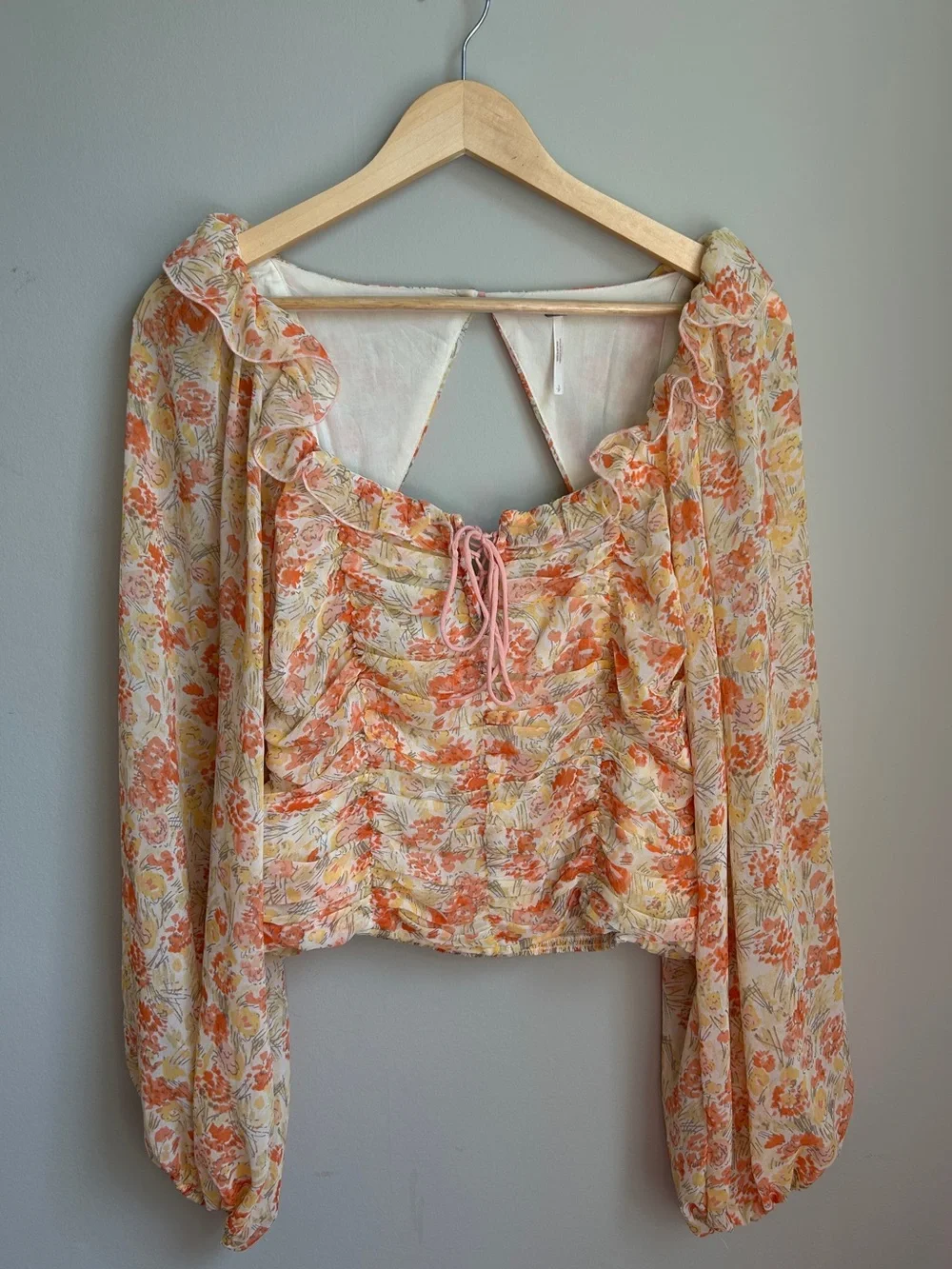 Free People Floral Ruched Peasant Blouse in Peach and Cream